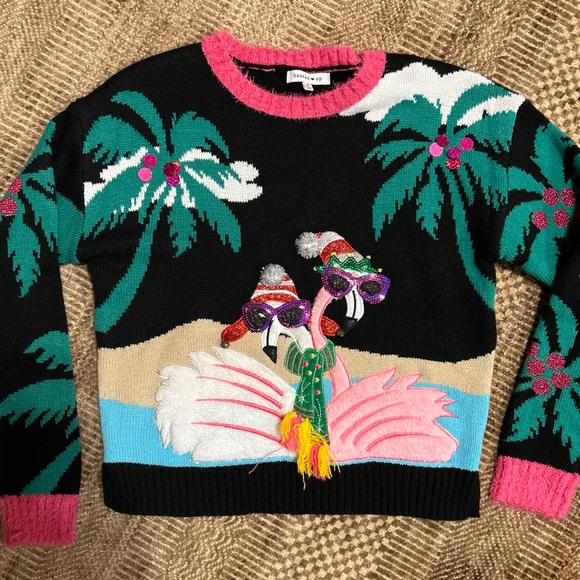 Hooked Up by IOT Ugly Christmas XMAS Sweater Cool  Pink Flamingo Pom Pom XS - Picture 1 of 4